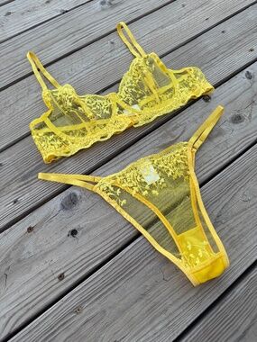 Stunning Yellow Lace Lingerie Set - Sheer Embroidered Bra & Thong matching set